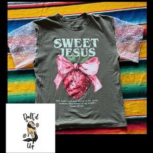 Upcycled Jesus Sequin Sleeve Tee